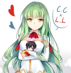 Rule 34 | 1boy, 1girl, absurdres, blush, breasts, c.c., chibi, closed mouth, code geass, commentary, expressionless, gloves, gold trim, green hair, heart, highres, hug, large breasts, lelouch vi britannia, leotard, long hair, long sleeves, looking at viewer, mini person, miniboy, simple background, smile, thighhighs, upper body, white background, white gloves, yaya chan, yellow eyes