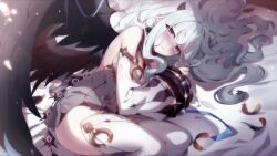 Rule 34 | 1girl, animated, animated gif, black wings, blush, eve (eversoul), eversoul, feathers, game cg, grey eyes, hair ornament, hair spread out, horns, long hair, lying, non-web source, official art, on bed, on side, white hair, wings