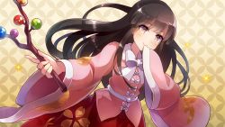 Rule 34 | 1girl, 60mai, beige background, black hair, blush, bow, bowtie, branch, brown eyes, commentary request, cowboy shot, floral print, holding, holding branch, houraisan kaguya, long hair, long sleeves, looking at viewer, pink shirt, red skirt, sash, shirt, skirt, smile, solo, touhou, white bow, white bowtie, white sash, wide sleeves