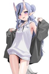 Rule 34 | 1girl, armpits, bare shoulders, black choker, black hair, black jacket, blue hair, blush, choker, commentary request, gluteal fold, hair bun, highres, hood, hood down, hoodie, horns, jacket, kanzarin, long sleeves, looking at viewer, mole, mole under mouth, multicolored hair, nijisanji, no pants, official alternate costume, official alternate hairstyle, oni, open clothes, open jacket, panties, panty peek, pointy ears, puffy long sleeves, puffy sleeves, purple eyes, purple panties, rindou mikoto, rindou mikoto (5th costume), simple background, single hair bun, skin-covered horns, sleeveless, sleeveless hoodie, solo, streaked hair, thighs, tongue, tongue out, underwear, virtual youtuber, white background, white hoodie