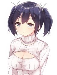 Rule 34 | 10s, 1girl, 3:, aqua eyes, bad id, bad twitter id, black hair, blush, breasts, cleavage, cleavage cutout, clothing cutout, kantai collection, komachi narota, large breasts, meme attire, necktie, open-chest sweater, ribbed sweater, short hair, simple background, sketch, solo, souryuu (kancolle), sweater, turtleneck, twintails, upper body, white background