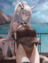 Rule 34 | 1girl, arknights, bare hips, bare shoulders, bench, black one-piece swimsuit, blush, breasts, casual one-piece swimsuit, closed mouth, cloud, cloudy sky, collarbone, commentary request, covered navel, cowboy shot, detached sleeves, glint, groin, hair between eyes, heterochromia, high ponytail, highleg, highleg swimsuit, highres, horn ornament, horns, large breasts, long hair, long sleeves, looking at viewer, ocean, official alternate costume, one-piece swimsuit, pink eyes, ponytail, purple eyes, railing, ru zhai, shining (arknights), shining (silent night) (arknights), sidelocks, sky, solo, swimsuit, very long hair, water