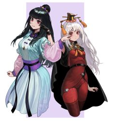 Rule 34 | 2girls, :/, absurdres, anger vein, belt, black belt, black cloak, black gloves, black hair, blue dress, border, breasts, bright pupils, cao cao, character request, cheek pinching, cloak, commentary, cropped legs, dress, eyelashes, floral print, frilled dress, frills, gemi ningen, genderswap, genderswap (mtf), gloves, gold trim, hair bun, hair over shoulder, hat, height difference, highres, long hair, long sleeves, looking at viewer, multiple girls, parted lips, pinching, pink sleeves, purple background, red eyes, red legwear, romance of the three kingdoms, sash, single glove, single hair bun, sleeveless, tassel, white border, white hair, white pupils, wide sleeves, wrist cuffs