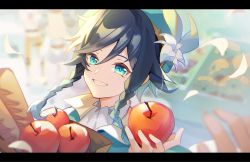 Rule 34 | 1boy, absurdres, androgynous, apple, autumnlll, bag, baguette, beret, black hair, blue hair, blurry, blurry background, braid, bread, collared cape, collared shirt, commentary request, flower, food, fruit, genshin impact, gradient hair, green eyes, green hat, grin, hat, hat flower, highres, holding, holding food, holding fruit, leaf, letterboxed, looking at viewer, male focus, multicolored hair, open mouth, paper bag, shirt, short hair with long locks, side braids, sidelocks, smile, solo, twin braids, venti (genshin impact), white flower, white shirt