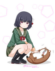 Rule 34 | 1girl, 1other, black footwear, black hair, bokukawauso, commentary request, dated, green jacket, green sailor collar, green skirt, hair ribbon, ishigaki (kancolle), jacket, kantai collection, lens flare, loafers, long sleeves, looking at viewer, masara (chuujou), neck ribbon, one-hour drawing challenge, otter, headpat, pleated skirt, red eyes, red ribbon, ribbon, sailor collar, school uniform, serafuku, shoes, short hair, skirt, smile, squatting, twitter username, white background, white ribbon