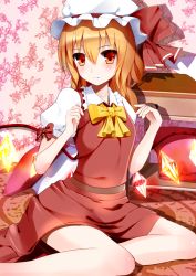 Rule 34 | 1girl, bed, blonde hair, blush, bow, bowtie, female focus, flandre scarlet, floral background, hat, hat ribbon, henet hene, long hair, on bed, pillow, red eyes, ribbon, shadow, skirt, skirt set, solo, touhou, wings