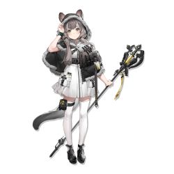Rule 34 | 1girl, animal ears, arknights, arm up, belt, black belt, black capelet, black footwear, blush, capelet, dress, full body, fur-trimmed capelet, fur trim, grey eyes, grey hair, holding, holding staff, honeyberry (arknights), hood, hooded capelet, infection monitor (arknights), liyu li, long hair, looking at viewer, low twintails, official art, pouch, shoes, short dress, solo, staff, standing, tail, thigh strap, thighhighs, transparent background, twintails, white dress, white thighhighs, zettai ryouiki