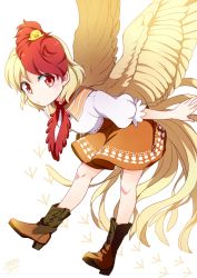 Rule 34 | 1girl, animal, animal on head, bird, bird on head, boots, chick, cowboy boots, dated, dress, full body, leaning forward, looking at viewer, mikagami hiyori, multicolored hair, neckerchief, niwatari kutaka, on head, orange dress, red eyes, red neckerchief, short hair, short sleeves, signature, simple background, solo, touhou, two-tone hair, white background, wings, yellow wings