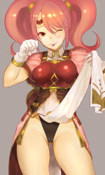 Rule 34 | 1girl, ;p, armor, bare legs, blush, breastplate, cameltoe, cape, circlet, commentary request, cowboy shot, dress, eyebrows, fire emblem, fire emblem echoes: shadows of valentia, fire emblem heroes, gluteal fold, hair between eyes, highres, kh (tanakananataka), mae (fire emblem), nintendo, one-piece swimsuit, one eye closed, panties, pink hair, red eyes, simple background, sleeveless, sleeveless dress, solo, swimsuit, tabard, tabard lift, tongue, tongue out, twintails, underwear, upper body