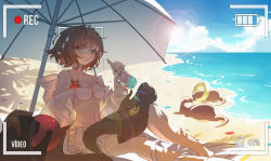 Rule 34 | 1girl, 729258659, absurdres, animal, animal ears, arknights, ball, battery indicator, beach, beachball, bikini, blue sky, braid, breasts, bright pupils, brown eyes, brown hair, choker, cloud, cloudy sky, collarbone, day, highres, holding, innertube, navel, ocean, off shoulder, official alternate costume, otter, otter ears, otter girl, otter tail, outdoors, planted, planted umbrella, recording, roberta (arknights), roberta (summer flowers) (arknights), sand, seashell, shell, short hair, shorts, sky, small breasts, solo, stomach, swim ring, swimsuit, tail, umbrella, viewfinder, water, white bikini, white choker, white pupils, white shorts