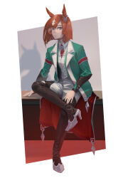 Rule 34 | 1girl, absurdres, animal ears, boots, brown hair, closed mouth, collared shirt, crossed legs, full body, glass, green jacket, grey eyes, grey pants, high heel boots, high heels, highres, horse ears, ikuno dictus (umamusume), jacket, long hair, long sleeves, looking at viewer, necktie, open clothes, open jacket, pants, red necktie, round eyewear, shadow, shirt, sinnra art, sitting, solo, thigh boots, umamusume, vest