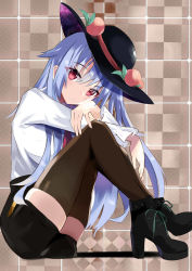 Rule 34 | 1girl, argyle, argyle background, argyle clothes, black footwear, black headwear, black shorts, black thighhighs, blue hair, blush, boots, checkered background, commentary request, cross-laced footwear, eyelashes, frilled sleeves, frills, fruit hat ornament, full body, high heel boots, high heels, highres, hinanawi tenshi, lace-up boots, light blue hair, long sleeves, necktie, peach hat ornament, red eyes, red necktie, shirt, short shorts, shorts, sidelocks, sitting, solo, tetsurou (fe+), thighhighs, touhou, two-tone background, white shirt
