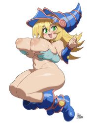 Rule 34 | 1girl, :3, blonde hair, breasts, dark magician girl, fruithead, happy, hat, inverted nipples, large breasts, navel, witch hat, yu-gi-oh!