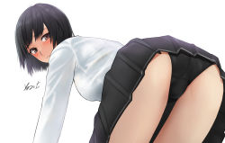 Rule 34 | 1girl, all fours, amagami, black hair, black one-piece swimsuit, black skirt, collared shirt, dress shirt, feet out of frame, grey panties, kibito high school uniform, long sleeves, looking at viewer, looking back, nanasaki ai, one-piece swimsuit, panties, school uniform, shirt, short hair, signature, simple background, skirt, solo, swimsuit, swimsuit under clothes, underwear, white background, white shirt, yoo tenchi