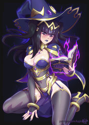 Rule 34 | 1girl, artist name, aura, black background, black hair, blunt bangs, book, breasts, cleavage, commentary, cover, english commentary, fire emblem, halloween, hat, high heels, holding, holding book, kajin (kajinman), leotard, long hair, looking at viewer, medium breasts, nail polish, nintendo, open book, patreon username, simple background, solo, tharja (fire emblem), thighhighs, watermark, witch, witch hat