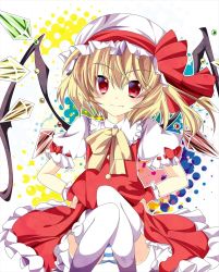 Rule 34 | 1girl, bad id, bad pixiv id, blonde hair, blouse, collared shirt, flandre scarlet, hair between eyes, hands on own hips, hat, hikobae, mob cap, panties, red eyes, red wrist cuffs, shirt, short hair, smile, solo, striped clothes, striped panties, thighhighs, touhou, underwear, white hat, white shirt, white thighhighs, wings, wrist cuffs