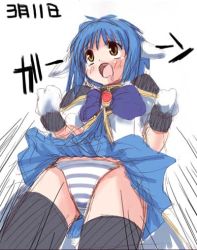 Rule 34 | 00s, 1girl, animal ears, blue hair, blush, dress, galaxy angel, gloves, green eyes, mint blancmanche, open mouth, panties, pantyshot, partially translated, puffy sleeves, short dress, short hair, simple background, solo, striped clothes, striped panties, text focus, thighhighs, translation request, underwear, white background, yellow eyes