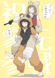 Rule 34 | 2girls, animal costume, animal hood, text background, barefoot, bear costume, bear hood, black hair, black jacket, blunt bangs, boko (girls und panzer), brown hair, carrying, closed eyes, closed mouth, commentary, dress shirt, eighth note, frown, girls und panzer, girls und panzer senshadou daisakusen!, hood, hood up, jacket, long hair, long sleeves, multiple girls, musical note, nishizumi shiho, official alternate costume, onesie, open mouth, piggyback, pointing, red jacket, shimada chiyo, shirt, smile, straight hair, sweatdrop, translated, white shirt, yellow background, yuuhi (arcadia)