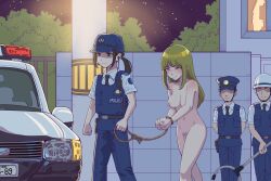 Rule 34 | 2boys, 2girls, absurdres, arrest, baseball cap, bdsm, black hair, black necktie, blue eyes, blue headwear, blue pants, blue vest, bondage, bound, breasts, car, chinese commentary, clenched hands, closed eyes, closed mouth, clothed female nude female, clothed male nude female, collarbone, collared shirt, commentary request, completely nude, cowboy shot, crying, earpiece, exhibitionism, faceless, faceless male, female pubic hair, green eyes, hat, highres, holding, holding rope, leveen, license plate, long hair, man catcher, medium breasts, motor vehicle, multiple boys, multiple girls, nakazawa kaori, necktie, night, night sky, nipples, nude, original, outdoors, pants, patch, peaked cap, pocket, police, police car, police hat, police uniform, policeman, policewoman, ponytail, pubic hair, public indecency, pussy juice, rope, second-party source, shaded face, shirt, short sleeves, shoulder patch, sidelocks, sky, smile, standing, star (sky), starry sky, tears, uniform, utility pole, vest, walkie-talkie, walking, white headwear, white shirt