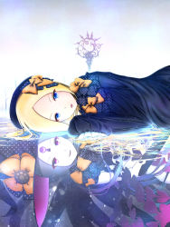 Rule 34 | 1girl, abigail williams (fate), abigail williams (third ascension) (fate), absurdres, black bow, black dress, blonde hair, blue eyes, bow, brown hair, cowboy shot, dress, dual persona, fate/grand order, fate (series), floating hair, hair between eyes, hair bow, highres, long hair, looking at viewer, low-tied long hair, lying, multiple hair bows, myudo-0323, on side, open mouth, orange bow, parted bangs, polka dot, polka dot bow, red eyes, reflecting pool, reflection, reflective water, silver hair, simple background, solo, standing, third eye, v-shaped eyebrows, very long hair, white background
