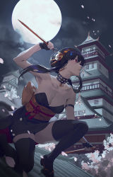 1girl bare_arms bare_shoulders black_choker black_gloves black_hair black_thighhighs breasts building choker cleavage dagger dual_wielding dutch_angle fajyobore falling_petals fingerless_gloves gloves gold_hairband hair_between_eyes hairband highres holding holding_weapon japanese_clothes kimono knife looking_up medium_breasts moon night night_sky on_one_knee outdoors parted_lips petals red_eyes rooftop short_hair_with_long_locks short_kimono sky solo spy_x_family stiletto_(weapon) thighhighs thighs weapon yor_briar zettai_ryouiki