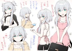 Rule 34 | 1girl, abyssal ship, alternate costume, alternate hairstyle, apron, aqua eyes, ass, back, black gloves, blush, bodysuit, breasts, briefcase, cape, commentary, flower, gloves, holding, kantai collection, laughing, long hair, looking at viewer, looking back, medium breasts, own hands together, pale skin, pink apron, ribbed sweater, silver hair, smile, sweater, translation request, two side up, wamu (chartreuse), white background, wo-class aircraft carrier