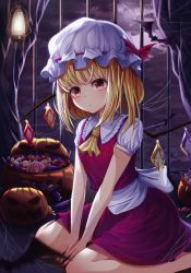 Rule 34 | 1girl, absurdres, ascot, bad id, bad pixiv id, bat (animal), blonde hair, blush, bow, candy, commentary request, crystal, feet out of frame, flandre scarlet, food, frilled shirt collar, frills, hat, hat bow, highres, huge filesize, indoors, jack-o&#039;-lantern, looking at viewer, miniskirt, mob cap, nail polish, nankam, night, night sky, red bow, red eyes, red nails, red skirt, red vest, shirt, short hair, short sleeves, sitting, skirt, skirt set, sky, solo, touhou, vest, wariza, white hat, white shirt, wings, yellow ascot