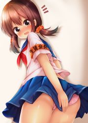 Rule 34 | 1girl, armband, ass, blue sailor collar, blue skirt, blush, brown eyes, brown hair, covering ass, covering privates, floral print, hair ornament, hair scrunchie, highres, long hair, looking at viewer, looking back, low twintails, minato ojitan, neckerchief, nose blush, open mouth, orange scrunchie, original, panties, pink panties, pleated skirt, print panties, red neckerchief, safety pin, sailor collar, school uniform, scrunchie, serafuku, shirt, short sleeves, skirt, solo, tears, translation request, twintails, underwear, white shirt