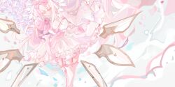 1girl absurdres arcaea bow breasts cleavage closed_eyes cowboy_shot detached_wings dress flower gloves highres hikari_(arcaea) hikari_(fatalis)_(arcaea) long_sleeves mechanical_wings medium_breasts pink_bow pink_eyes pink_flower pink_hair pscsaff sidelocks solo thighhighs white_dress white_gloves white_thighhighs wide_sleeves wings