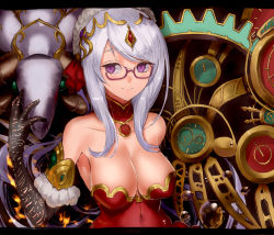 Rule 34 | 1girl, bare shoulders, breasts, cleavage, clock, elbow gloves, glasses, gloves, jyon, letterboxed, purple eyes, puzzle &amp; dragons, smile, solo, upper body, urd (p&amp;d), white hair