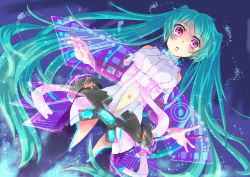 Rule 34 | 1girl, aqua hair, blush, bridal gauntlets, hatsune miku, hatsune miku (append), highres, holographic interface, long hair, navel, necktie, nokon, pink eyes, solo, thighhighs, twintails, very long hair, vocaloid, vocaloid append