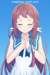 Rule 34 | blue background, blue sailor collar, blue scrunchie, brown hair, closed eyes, commentary request, cowboy shot, dress, facing viewer, gradient background, highres, long hair, mukaido manaka, nagi no asukara, own hands clasped, own hands together, sailor collar, sailor dress, school uniform, scrunchie, serafuku, sleeveless, sleeveless dress, smile, solo, tsukimiya kanade, white dress, wrist scrunchie