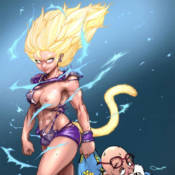 Rule 34 | 10s, 1boy, 1girl, abs, aura, bald, blonde hair, blue background, breasts, broken eyewear, character request, clenched hands, cowboy shot, crooked eyewear, dark nipples, darren geers, dragon ball, dragon ball super, earrings, electricity, facial hair, fang, floating hair, gradient background, hawaiian shirt, highres, jewelry, lips, long hair, looking at viewer, medium breasts, monkey tail, muscular, muscular female, mustache, muten roushi, navel, nipples, old, old man, one breast out, red-framed eyewear, red eyes, serious, shirt, simple background, small nipples, solo focus, spiked hair, standing, super saiyan, tail, toned, torn clothes, torn unitard, unitard, wristband, yellow eyes