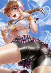 Rule 34 | 1girl, absurdres, animal ears, arm garter, ass, bike shorts, bike shorts under skirt, blush, breasts, brown hair, cameltoe, cat ears, cloud, contrail, crop top, day, fake animal ears, from below, green eyes, headset, heart, highres, large breasts, long hair, low twintails, neckerchief, one eye closed, open mouth, original, outdoors, pica (hpipi), pleated skirt, sailor collar, shirt, shorts, shorts under skirt, skirt, sky, sleeveless, sleeveless shirt, solo, twintails, underboob, wristband