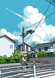 1girl absurdres aircraft airplane blonde_hair blue_sky blush building bush cloud contrail crosswalk cumulonimbus_cloud emesan_desu green_neckerchief grey_skirt highres house loafers neckerchief open_mouth original outdoors pleated_skirt power_lines road sailor_collar scenery school_uniform serafuku shoes short_hair sigh skirt sky socks solo street summer summer_uniform sweat traffic_light utility_pole