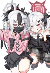 Rule 34 | 2girls, black choker, black hair, black horns, blue archive, choker, demon horns, ear piercing, earclip, grey halo, halo, highres, horns, jirai kei, kayoko (blue archive), long sleeves, looking at viewer, mask, mouth mask, multicolored hair, multiple girls, mutsuki (blue archive), ohw8g, piercing, red eyes, red halo, simple background, tongue, tongue out, twintails, two-tone hair, white background, white hair