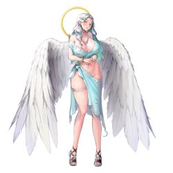 Rule 34 | 1girl, angel wings, breasts, bumcha, cleavage, crying, full body, game cg, hair ornament, hairclip, highres, jewelry, large breasts, last origin, long hair, looking at viewer, navel, necklace, pearl necklace, ramiel (last origin), red eyes, sandals, sarong, silver hair, solo, sweat, tachi-e, tears, transparent background, wavy hair, wings