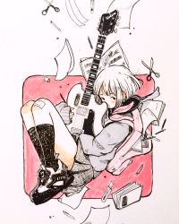 Rule 34 | 1girl, backpack, bag, black socks, blush, book, crisalys, electric guitar, fetal position, guitar, highres, instrument, knife, limited palette, looking at viewer, medium hair, hugging object, original, paper, pencil, scissors, sheet music, shoes, skirt, sneakers, socks, solo, unfinished, white background, white hair