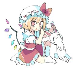 Rule 34 | 1girl, :o, animal ears, baron (x5qgeh), blonde hair, bow, crystal, flandre scarlet, frills, full body, grabbing another&#039;s ear, hair between eyes, hand on another&#039;s ear, hat, hat bow, kneehighs, looking at viewer, low wings, lowres, mob cap, no nose, no shoes, open mouth, petticoat, pink eyes, puffy short sleeves, puffy sleeves, rabbit ears, red bow, red skirt, red vest, short hair, short sleeves, sitting, skirt, skirt set, socks, solo, stuffed animal, stuffed toy, touhou, vest, white hat, white socks, wings