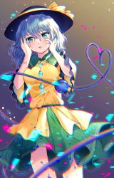 Rule 34 | 1girl, aqua eyes, blurry, blush, breasts, chromatic aberration, commentary request, crying, crying with eyes open, depth of field, feet out of frame, frilled shirt collar, frills, gradient background, green skirt, hair between eyes, hands on own face, hands up, hat, heart, heart of string, highres, komeiji koishi, long hair, looking away, maruta (shummylass), medium breasts, parted lips, shirt, silver hair, skirt, solo, tears, third eye, touhou, wide sleeves, yellow shirt