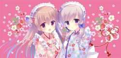 Rule 34 | 2girls, :d, :o, apron, blue bow, blue kimono, blush, bow, brown hair, commentary request, diagonal stripes, double bun, fang, floral print, flower, food, fruit, hair between eyes, hair bow, hair bun, japanese clothes, kimono, long hair, long sleeves, multiple girls, open mouth, original, pink background, pink kimono, print kimono, purple eyes, red bow, red eyes, side bun, single side bun, sleeves past fingers, sleeves past wrists, smile, strawberry, strawberry blossoms, striped, striped bow, sumii, upper body, very long hair, white apron, white flower, wide sleeves