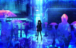 Rule 34 | 1girl, animal ears, black hair, city, closed mouth, fake animal ears, full body, fur trim, hair between eyes, hand on own hip, headphones, highres, jacket, jewelry, light, looking at viewer, open clothes, open jacket, original, pendant, rain, reflection, serious, solo focus, standing, tarbo (exxxpiation), thighhighs, umbrella