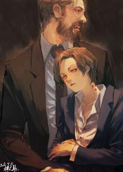 Rule 34 | 1boy, 1girl, absurdres, beard, bite mark, blood, brown hair, collarbone, dated, earrings, facial hair, fangs, formal, highres, jewelry, looking to the side, mole, mole under eye, necktie, original, profile, short hair, signature, sitting, sitting on lap, sitting on person, suit, vampire, zennosuke