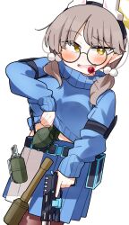 Rule 34 | 1girl, blue archive, blue skirt, blue sweater, blush, breasts, brown hair, brown pantyhose, candy, clothes lift, commentary request, dash b, explosive, food, glasses, grenade, gun, hair over shoulder, halo, headgear, highres, holding, holding gun, holding weapon, large breasts, lifting own clothes, lollipop, long hair, long sleeves, looking at viewer, low twintails, moe (blue archive), pantyhose, pleated skirt, puffy long sleeves, puffy sleeves, round eyewear, simple background, skirt, sleeves past wrists, solo, standing, stielhandgranate, sweater, sweater lift, turtleneck, turtleneck sweater, twintails, weapon, white background, yellow eyes