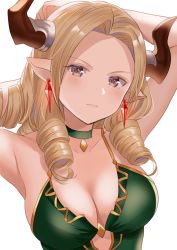 Rule 34 | 1girl, armpits, arms behind head, arms up, bare shoulders, blush, breasts, brown eyes, choker, cleavage, closed mouth, collarbone, commentary request, draph, dress, drill hair, earrings, forehead, granblue fantasy, green choker, green dress, head tilt, highres, horns, jewelry, light brown hair, long hair, looking at viewer, maria theresa (granblue fantasy), medium breasts, myusha, parted bangs, pointy ears, sleeveless, sleeveless dress, solo