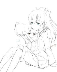 Rule 34 | 10s, 2girls, ascot, blue eyes, book, brown eyes, chocotto715, commentary request, greyscale, headgear, kantai collection, knees up, kumano (kancolle), long hair, monochrome, multiple girls, school uniform, sitting, sitting on lap, sitting on person, skirt, smile, suspenders, suzuya (kancolle), thighhighs, aged down
