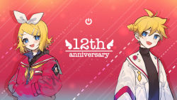 Rule 34 | 1boy, 1girl, :d, absurdres, anniversary, arms at sides, black sweater, blonde hair, blue eyes, brother and sister, commentary request, dotted line, fang, flipped hair, hair between eyes, hair ornament, hairclip, hands in pocket, highres, hood, hoodie, jacket, kagamine len, kagamine rin, long sleeves, looking at viewer, neckerchief, open clothes, open jacket, open mouth, ponytail, popped collar, red background, red hoodie, sailor collar, short hair, siblings, skin fang, smile, sweater, swept bangs, turtleneck, turtleneck sweater, twins, upper body, vocaloid, white jacket, yamada ichi, yellow neckerchief
