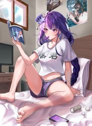 Rule 34 | 1girl, arm support, barefoot, bed sheet, book, braid, breasts, cellphone, commentary, english commentary, feet, food in mouth, genshin impact, grey panties, hair ornament, highres, holding, holding book, indoors, long hair, medium breasts, on bed, panties, pengrani, phone, pillow, poster (object), purple eyes, purple hair, purple shorts, raiden shogun, reading, shirt, short shorts, short sleeves, shorts, sitting, smartphone, solo, spread legs, t-shirt, television, thighs, toes, toilet paper tube, trash can, underwear, upshorts, used tissue, white shirt, window