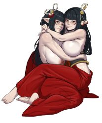 Rule 34 | 2girls, absurdres, alternate breast size, arms around neck, barefoot, black hair, blunt bangs, breast press, breasts, capcom, fewer digits, fingernails, full body, hair ornament, hakama, highres, hinoa, hip vent, hug, huge breasts, inverted nipples, japanese clothes, large areolae, lips, long hair, looking at viewer, luen art, minoto, monster hunter (series), monster hunter rise, multiple girls, nose, obi, pale skin, red hakama, sash, siblings, sideboob, sisters, sitting, sitting on lap, sitting on person, straddling, tan, tanline, toes, topless, twins, upright straddle, white background, yellow eyes