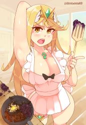 Rule 34 | 1girl, apron, arm behind head, arm up, armpits, artist name, back bow, bacon, bad food, blonde hair, blush, bow, breasts, burnt food, cleavage, egg, food, frying pan, highres, index finger raised, large breasts, long hair, looking at viewer, meat, mythra (xenoblade), naked apron, nintendo, open mouth, patreon username, rtil, solo, spatula, standing, sunlight, thigh strap, watermark, web address, window, xenoblade chronicles (series), xenoblade chronicles 2, yellow eyes